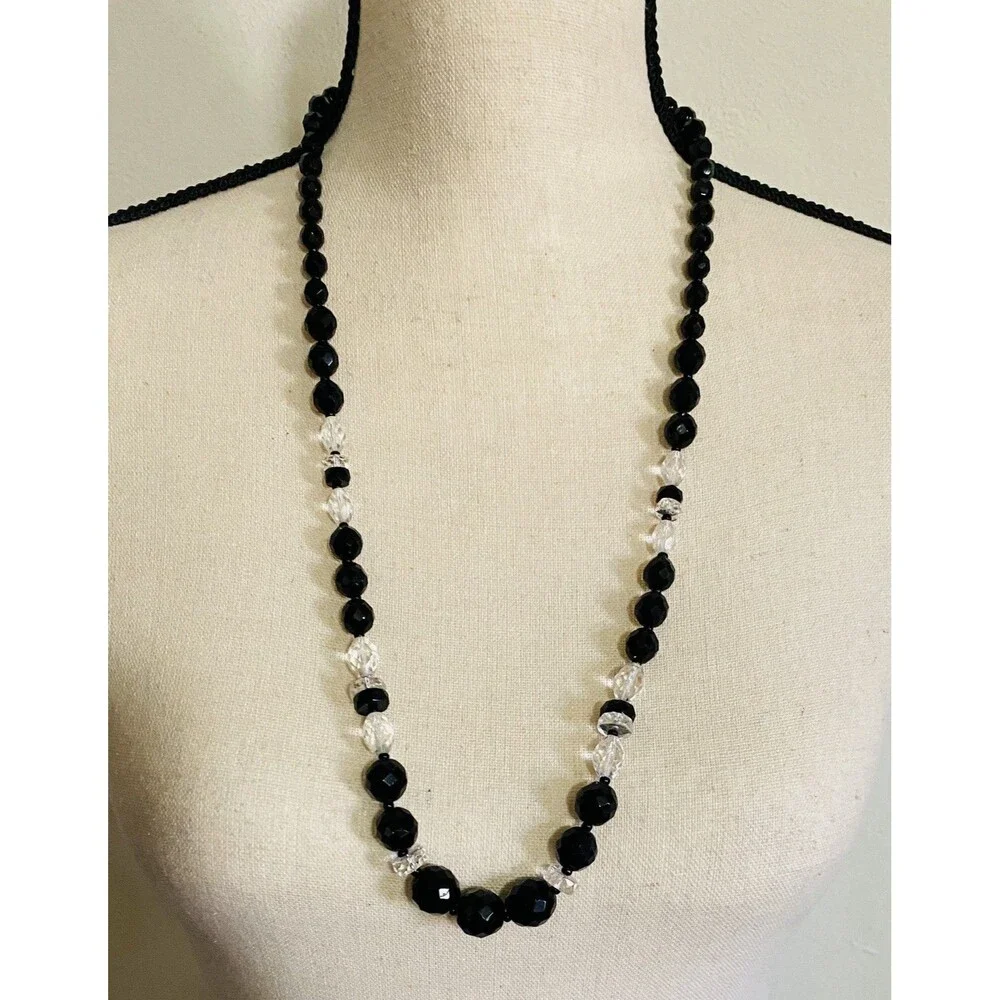 VTG  Estate French Jet & Cut Glass Bead Necklace 30 Inch Black & Clear Faceted